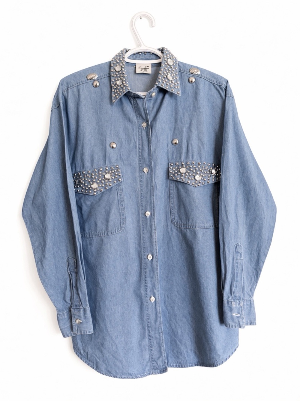 Vtg Inspirations by JR Studded Denim Shirt L XL Western Rhinestone Cowgirl 90s